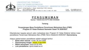 Pengumuman Perpanjangan Jadwal PMB Ekstensi S-1 Teknik Mesin dan Elektro 2026/2027